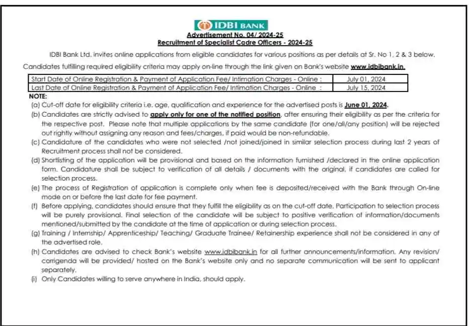 Idbi bank so recruitment 2024