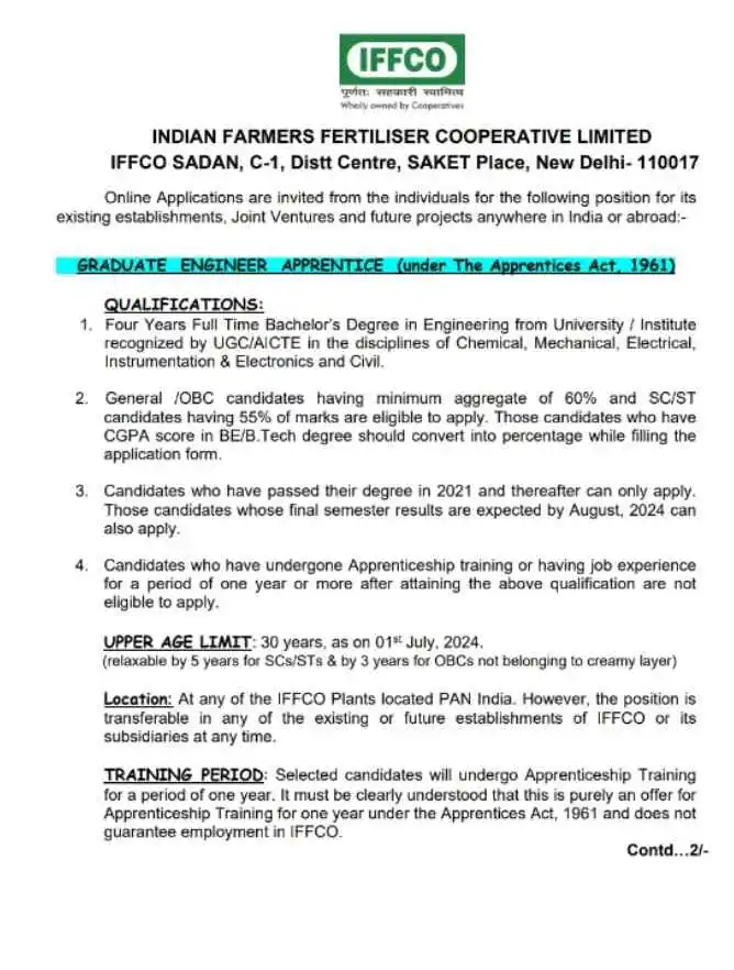 Iffco apprentice recruitment 2024