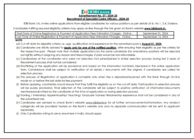 Idbi bank specialist officer vacancy 2024