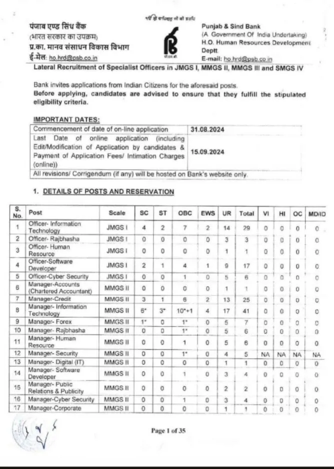 Punjab and sind bank vacancy 2024