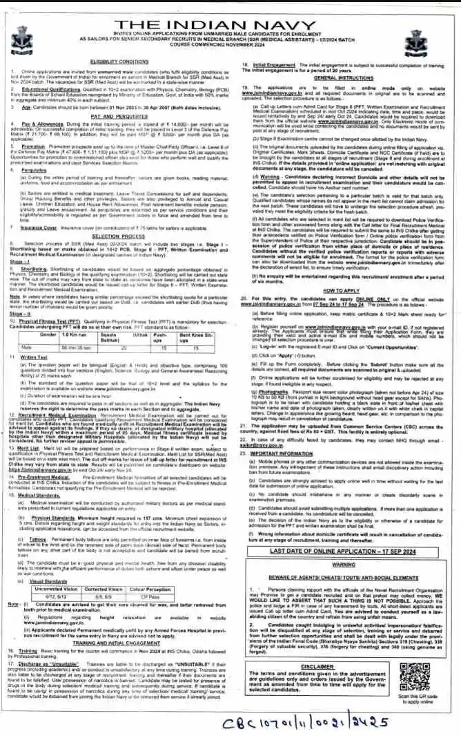 Indian navy ssr medical assistant vacancy 2024