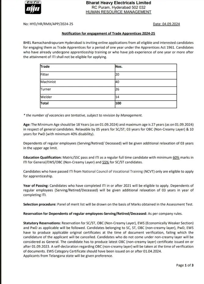 Bhel trade apprentice vacancy 2024