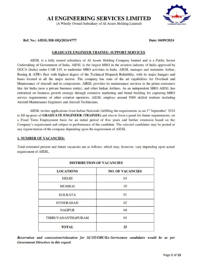 AIESL Assistant Supervisor Vacancy 2024