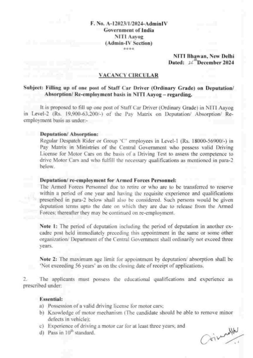 Niti Aayog Staff Car Driver Vacancy 2025